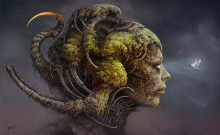 :) - girl, moth, profile, horns, tomasz alen kopera, face, painting, art, butterfly, pictura