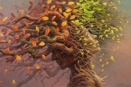 Tree - autumn, couple, leaf, spring, painting, face, nature, tomasz alen kopera, art, pictura, tree