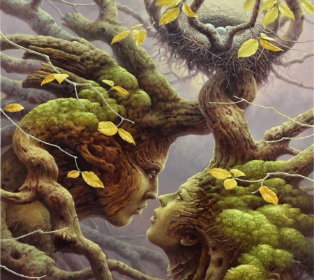 :) - couple, girl, leaf, painting, nature, tomasz alen kopera, art, nest, man, pictura, green, tree, egg