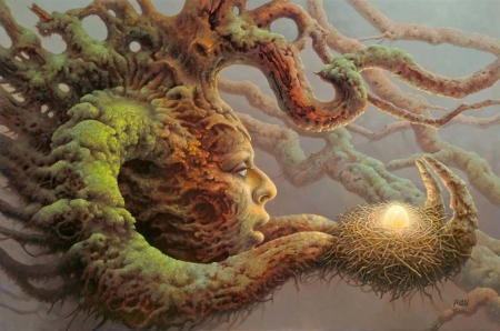 :) - fantasy, tomasz alen kopera, nature, painting, art, nest, green, pictura, tree, egg