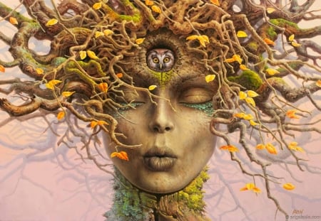 :) - girl, fantasy, painting, face, nature, tomasz alen kopera, pasari, nest, bufnita, pictura, owl, tree