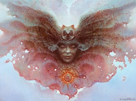 :) - girl, wings, fantasy, tomasz alen kopera, painting, art, pink, bufnita, blue, pictura, owl