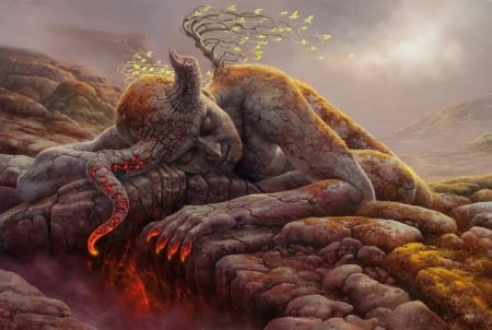 :) - painting, tomasz alen kopera, sleep, art, creature, pictura, volcan, horns