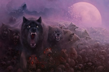 Wolves - moon, lup, pictura, tomasz alen kopera, wolf, painting, art