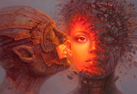 Whispers - girl, couple, painting, face, tomasz alen kopera, art, whispers, man, pictura