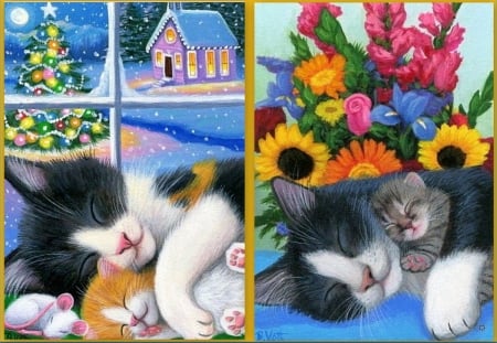 :) - pisic, winter, summer, flower, cat, sleep, kitten, cute, art