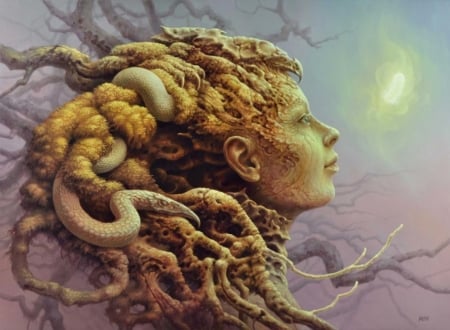 :) - nature, painting, face, tomasz alen kopera, art, girl, pictura, horns