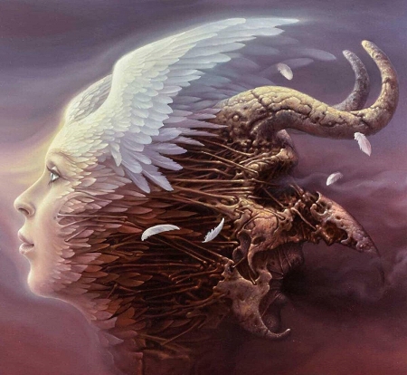 :) - pictura, fantasy, tomasz alen kopera, painting, wings, girl, art, horns