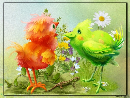 BIRDS IN THE GARDEN - art, abstract, garden, birds