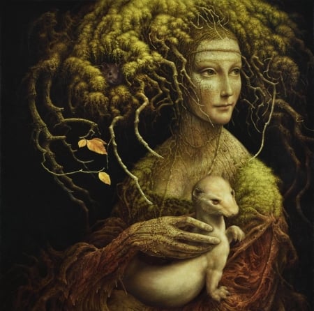 :) - bird, hermelina, branch, girl, tree, pasari, pictura, fantasy, nature, nest, hand, tomasz alen kopera, green, painting, art