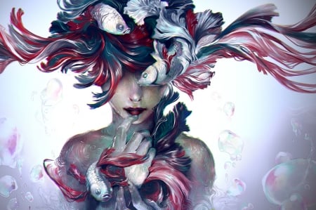 These lies - peste, summer, blue, girl, pink, yuumei, fantasy, bubbles, fish, art, vara, luminos