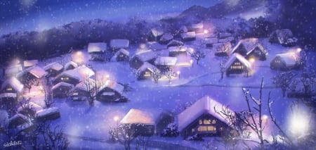 Winter village - village, night, snow, light