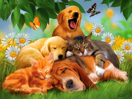 Sleeping - jenny newland, caine, painting, art, yellow, dog, green, garden, cute, vara, cat, puppy, pisici, summer, butterfly, sleep, flower