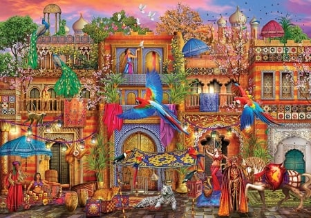 Arabian street - bird, paun, parrot, man, toucan, arabian street, ciro marchetti, art, luminos, dancer, girl, tiger, horse, colorful, pasari, fantasy, peacock