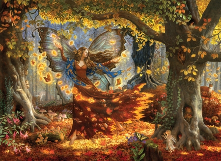 Woodland fairy - girl, forest, orange, tree, fantasy, autumn, wings, fairy, art, luminos