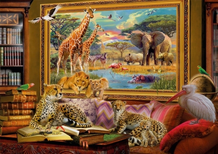 Coming to life ~ Safari - safari, jan patrik, room, cheetah, giraffe, fantasy, bird, elephant, leopard, coming to life