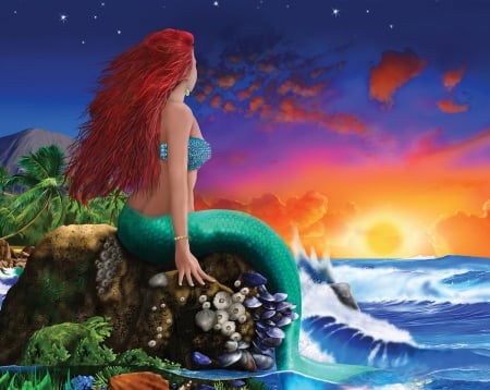 Mermaid - water, girl, redhead, art, fantasy, mermaid, sunset, sea, luminos