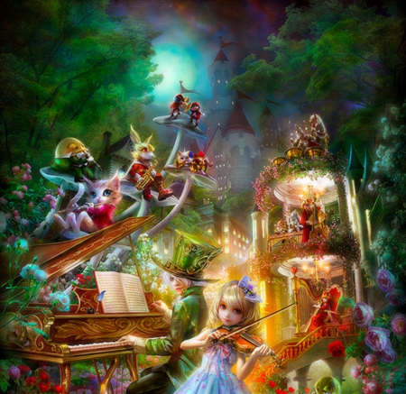 Alice symphony - rabbit, wonderland, violin, girl, bunny, cat, fantasy, instrument, symphony, white, green, pisici, alice, madhatter, art, luminos