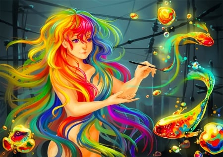 Colorful World - digital, wallpaper, fantasy, mermaid, rainbow colors, fish, girl, art