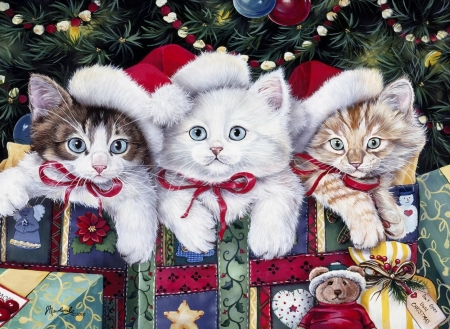 Kittens - jenny newland, tree, cat, christmas, pictura, craciun, kitten, painting, picutura, pisici, gift, art