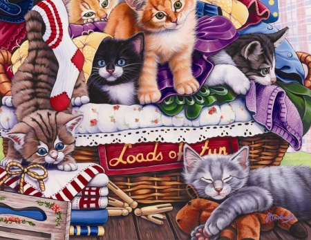 Laundry time kittens - painting, art, cat, pisici, pictura, laundry time, jenny newland, kitten