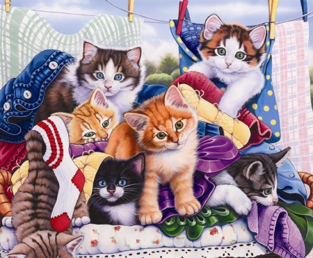 Kittens - cat, pisici, jenny newland, kitten, painting, art, pictura, laundry time, cute