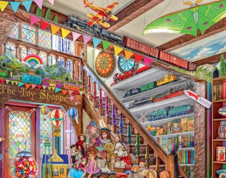 toy shop - colorful, toy shop, fantasy, art, luminos, doll