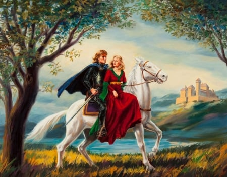 :) - couple, girl, water, fantasy, painting, art, horse, lovers, man, castle, red, romance, pictura, uldins klavins