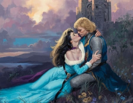 Lovers - robert maguire, romance, girl, blue, knight, art, fantasy, pictura, castle, luminos, painting, couple, man