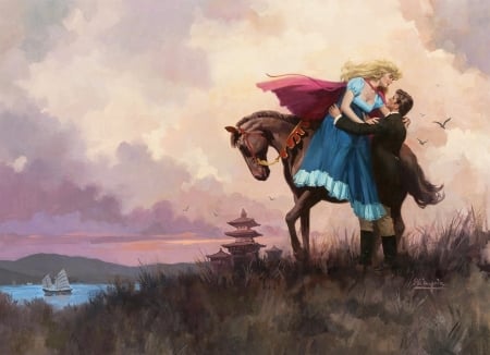 Lovers - girl, couple, painting, art, horse, man, blue, robert maguire, romance, pictura