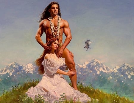 Lovers - girl, couple, max ginsburg, indian native, painting, art, man, romance, picutra, fantay