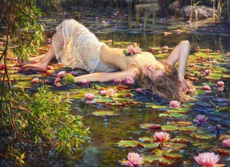 :) - lotus, water, summer, helene beland, girl, flower, pink, pictura, green, painting, lake, art, vara