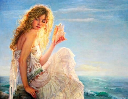 Girl with a shell - vara, girl, water, summer, painting, helene beland, art, pictura, shell, sea