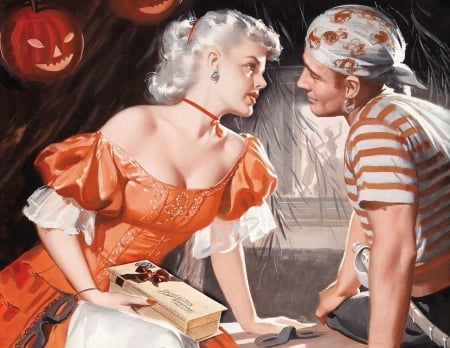 :) - white, halloween, painting, art, couple, orange, romance, pictura