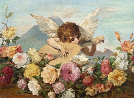 Cupid - paitning, angel, wings, instrument, rose, boe, art, cupid, pictura, agnes borjeson, flower