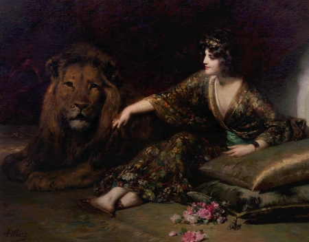 Beauty and the beast - beauty and the beast, art, adolphe weisz, lion, leu, pictura