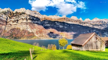 Mountain Lake - cabin, mountains, sky, clouds