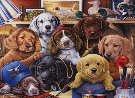 Grandpa's puppies - pictura, painting, cute, dog, caine, jenny newland, puppy, art