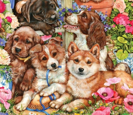 Puppies - puppy, jenny newland, caine, painting, art, pink, dog, pictura, garden, cute