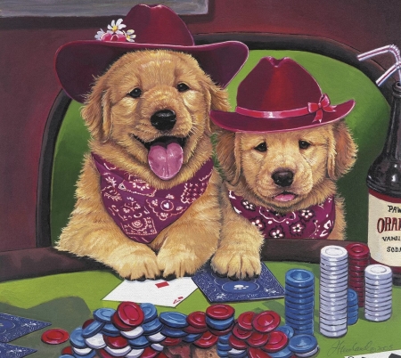 Poker puppies - red, animal, cute, caine, puppy, art, card, pictura, hat, poker, paw, painting, jenny newland, dog, green