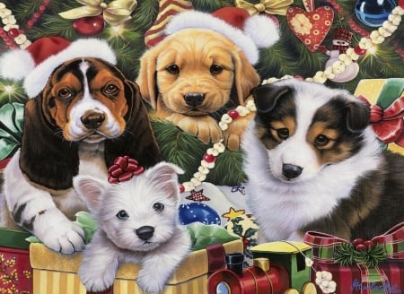 Christmas puppies - pictura, animal, painting, dog, caine, jenny newland, puppy, art