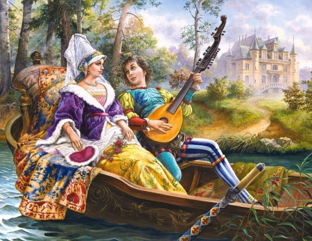 Serenade - boat, girl, romance, man, guitar, fantasy, serenade, couple, song, art