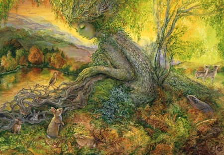 Autumn serenade - autumn, bunny, deer, fantasy, nimal, nature, art, rabbit, serenade, yellow, josephine wall, animal, orange, green, tree