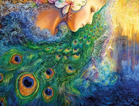 :) - paun, josephine wall, blue, girl, feather, orange, tail, pictura, fantasy, peacock, green, painting, fairy, face, art