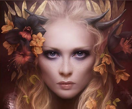 :) - face, red, flower, demon, melaniedelon, girl, art, fantasy, melanie delon, orange, horns