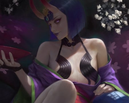 Shuten Douji - girl, oni, mario vazquez, fantasy, horns, art, purple, shuten douji, luminos, demon, flower