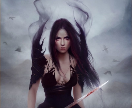 :) - black, melaniedelon, fantasy, melanie delon, girl, sword, persephone, art