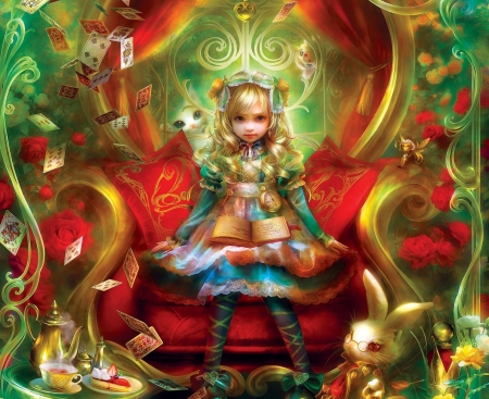 Alice - girl, cookie, shu littlebit, tea, bunny, white rabbit, fantasy, shu, alice, wonderland, red, luminos, green