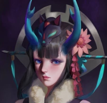 Demon - blue, wei, girl, flower, pink, horns, fantasy, face, art, demon