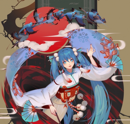 Hatsune Miku - red, ly lianyao, bird, anime, girl, hatsune miku, blue, manga